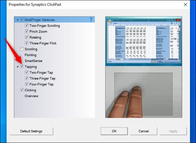 Desactive la función tocar para hacer clic en la ventana de configuración del panel táctil Synaptics.