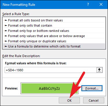 aceptar nueva regla de formato