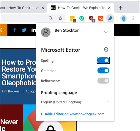 La pestaña de configuración de la extensión de Chrome Editor de Microsoft