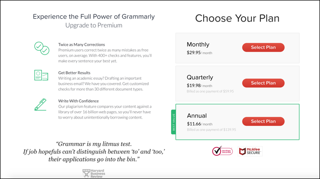 Una lista de planes de precios de Grammarly