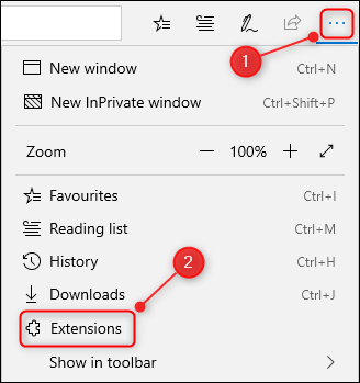 Los 3 puntos y el menú del navegador en Edge, con el "Extensiones" opción resaltada.