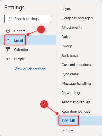 El menú Configuración de Outlook, con el "S / MIME" opción resaltada.