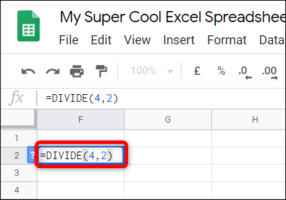 Taper "= DIVIDIR (<dividende>,<diviseur>)" en la celda, reemplazando <dividend> y <divisor> por los dos números que desea dividir.  «width =» 413 «height =» 289 «onload =» pagespeed.lazyLoadImages.loadIfVisibleAndMaybeBeacon (esto); «onerror =» this.onerror = null; pagespeed.lazyLoadImages.loadIfVisibleAndMaybeBeacon (esto); «/></p>
<p>También puede utilizar los datos en otra celda.  En lugar de un número, ingrese el número de celda y Sheets colocará automáticamente toda la celda en su lugar.</p>
<center><script async src=