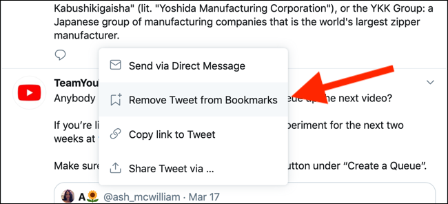 Haga clic en Eliminar Tweet de marcadores para eliminarlo de la sección de marcadores