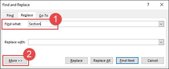 pegar "sección" en el cuadro de búsqueda, luego haga clic en más