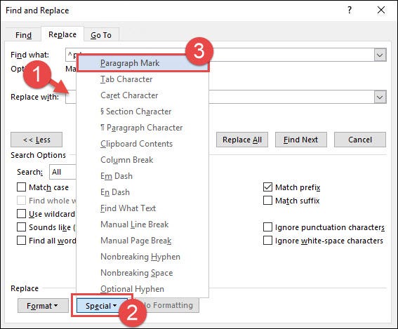 haga clic en el cuadro reemplazar con, luego use el menú especial para insertar una sola marca de párrafo allí 