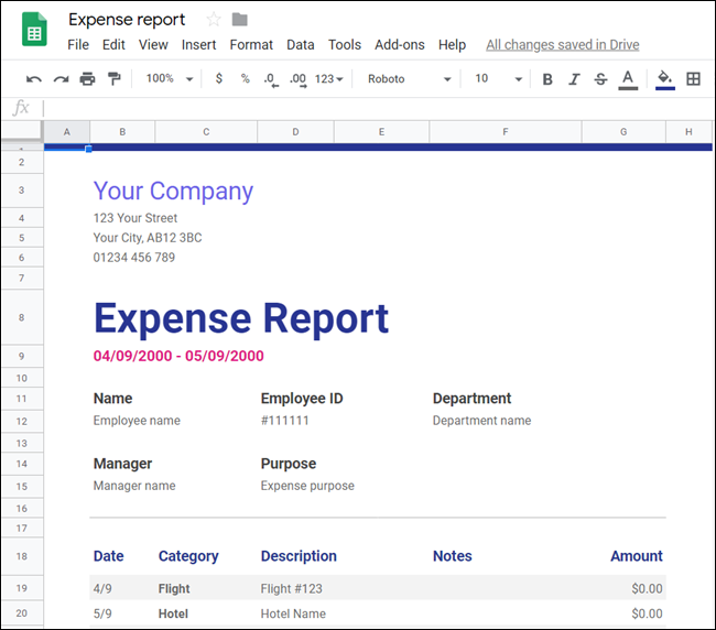 A "Informe de gastos" hoja de cálculo en Google Sheets.