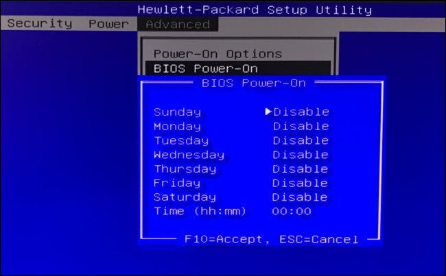 Opciones de encendido del BIOS en una PC HP.