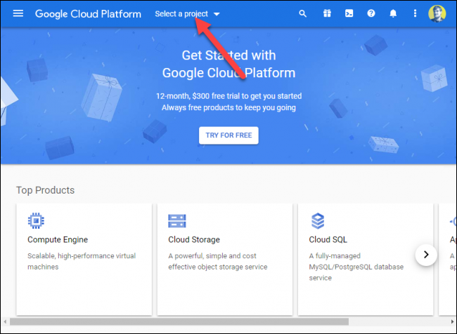 Haga clic en "Seleccionar un proyecto" en la plataforma Google Cloud.