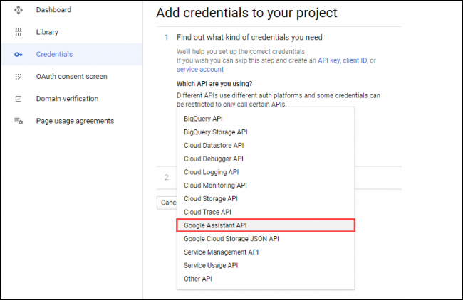 Para seleccionar "API del Asistente de Google" en el "¿Qué API estás usando?" menú de desplazamiento.