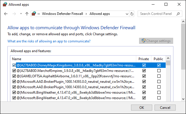 Una lista de aplicaciones permitidas por Firewall de Windows Defender.