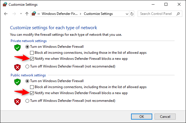 Desmarque la "Recibir una notificación cuando el Firewall de Windows Defender bloquea una nueva aplicación" opción en la configuración de red pública y privada.