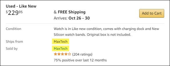 Una lista de un reloj inteligente usado en Amazon de MaxTech.