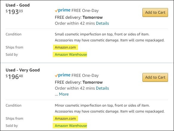 Listados de Amazon Warehouse para productos usados.