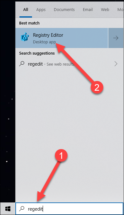 Busque en el menú de inicio con flechas que apuntan al resultado de búsqueda regedit y al editor de registro.