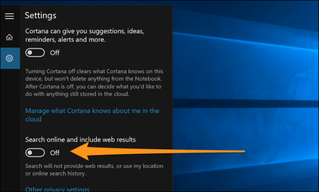 La opción para desactivar los resultados de búsqueda web en la versión original de Windows 10