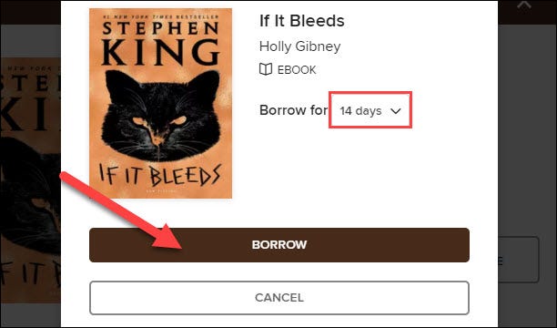 Elija la cantidad de tiempo que desea tomar prestado el libro.  Luego haga clic en "Para pedir prestado."