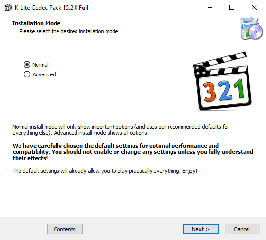 Abra el instalador del códec K-Lite, seleccione su modo de instalación y haga clic en Siguiente