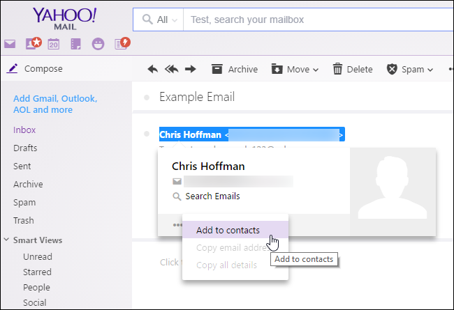 Coloca el cursor sobre un remitente y haz clic en "Añadir contactos" en Yahoo!  Publicar.