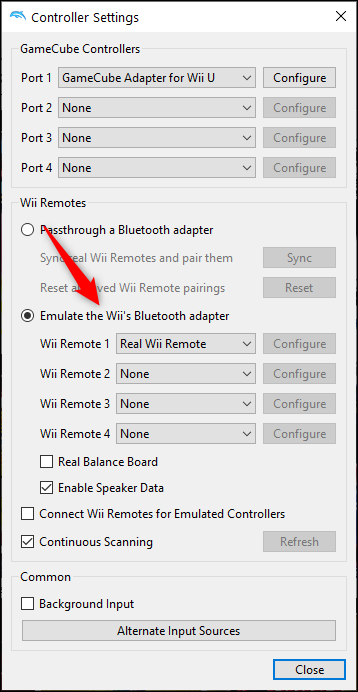 Para seleccionar "Emula el adaptador Bluetooth de la Wii" y selecciona el mando de Wii