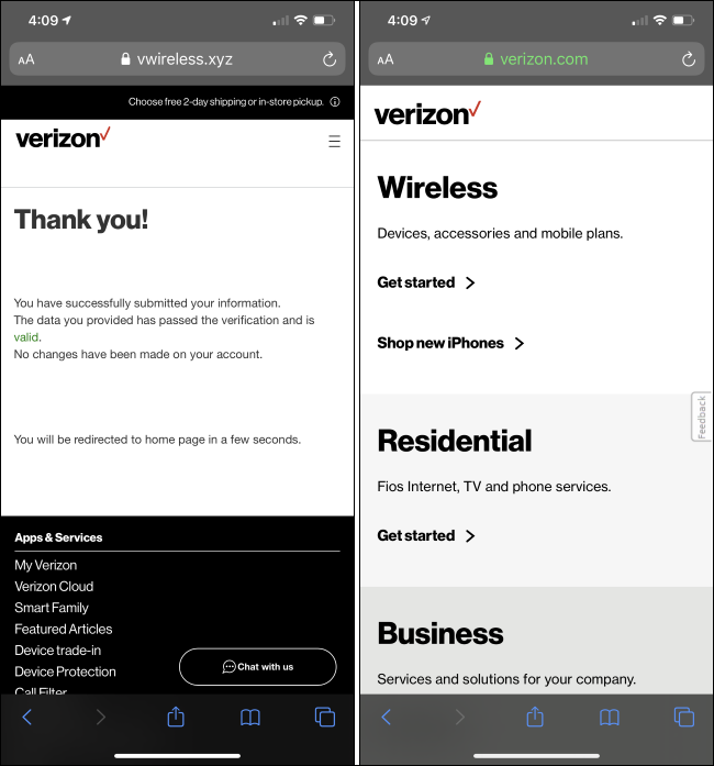 Un sitio web sonriente de Verizon después de ingresar información personal.