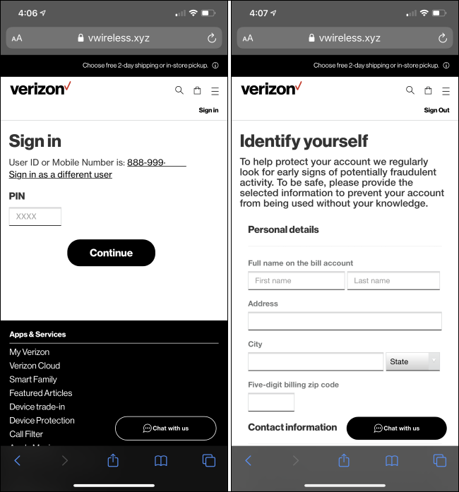 Un sitio web de phishing disfrazado de Verizon.