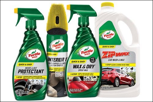 Cuatro botellas de productos de reparación de arañazos de vidrio automotriz Turtle Wax.