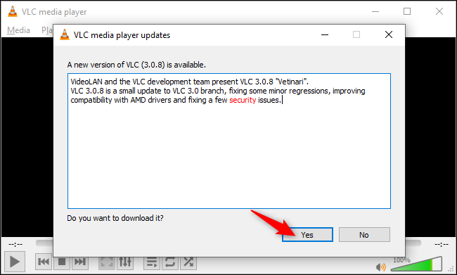Instalación de una actualización disponible en el reproductor multimedia VLC en Windows 10