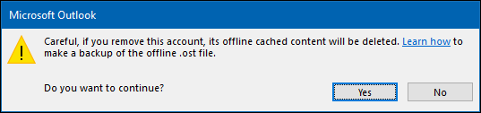 Cuadro de diálogo de confirmación de eliminación de la cuenta de Outlook.