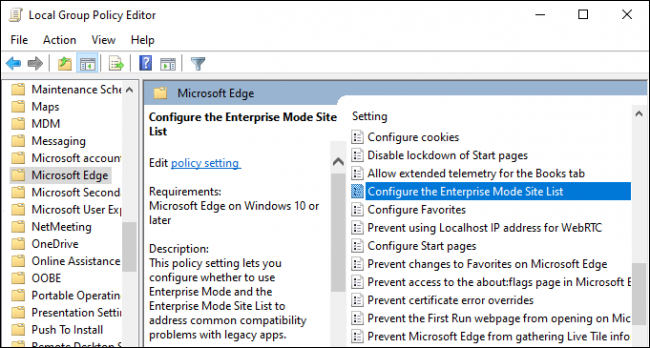 Configurar la lista de sitios en modo empresarial en Windows 10.