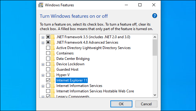 Activación de Internet Explorer desde las funciones de Windows.