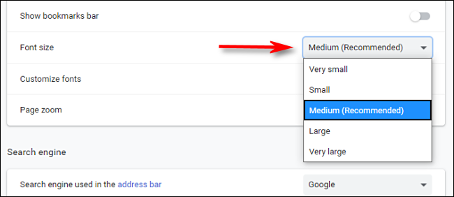 Seleccione un tamaño de fuente predeterminado en el menú desplegable de configuración de Chrome