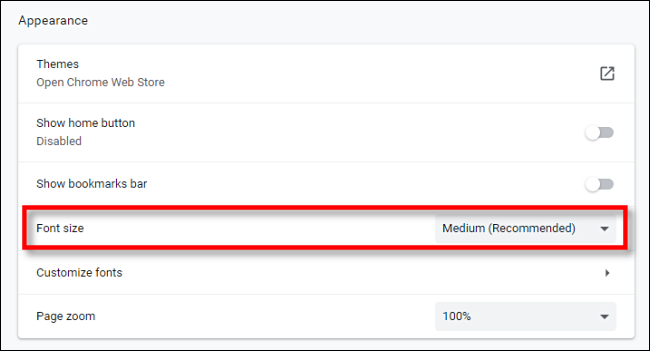 Busque la opción Tamaño de fuente en la configuración de Chrome