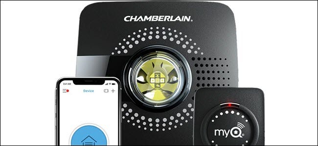Chamberlain MyQ Garage Hub Bridge, sensor de puerta y aplicación de teléfono.
