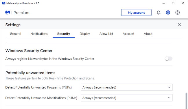 Configuración de Malwarebytes Premium para que no se registre en el Centro de seguridad de Windows