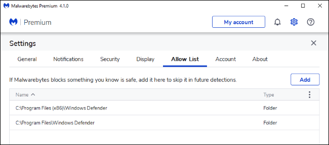 Se agregaron exclusiones para Windows Defender a la lista de permitidos de Malwarebytes.
