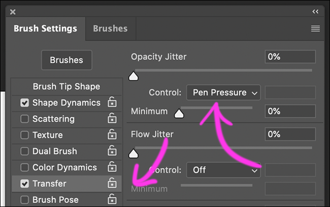 Haga clic en "Transferir," y configurarlo "Control de fluctuación de opacidad" Para "La presion de la pluma."