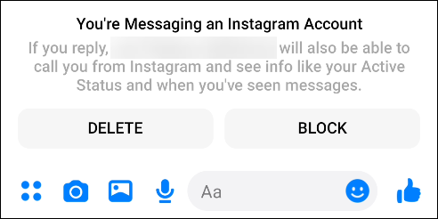los "Estás enviando un mensaje a una cuenta de Instagram" emergente en Facebook Messenger.