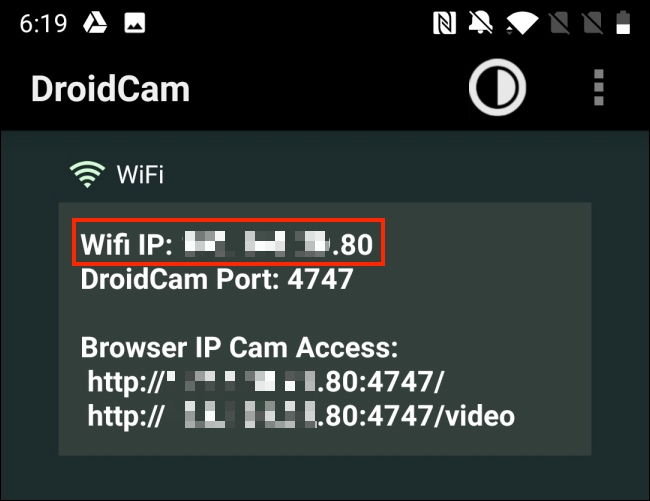 Copie la IP de Wi-Fi de la aplicación Android DroidCam