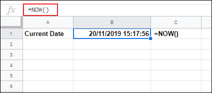 La función NOW utilizada en Google Sheets, que proporciona una marca de tiempo con la fecha y hora actuales