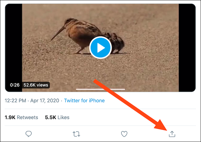 Busque un tweet con un video, luego haga clic en el botón Compartir