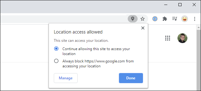 Ventana emergente de Google Chrome que muestra el acceso a la ubicación permitida en un sitio web.
