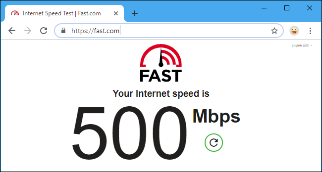 Prueba de velocidad de Netflix Fast.com que muestra 500 Mbps