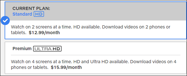 Paquete estándar de Netflix HD vs paquete premium Ultra HD