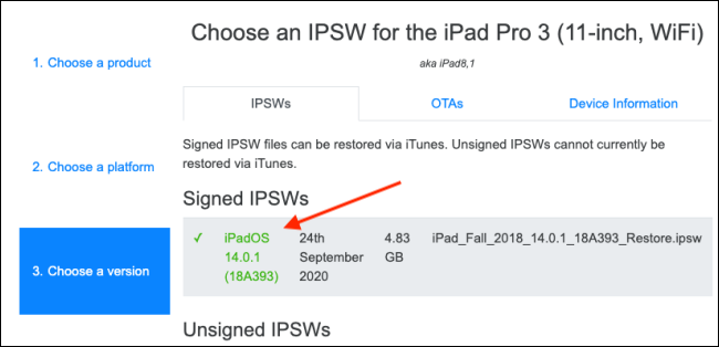 Seleccione la última versión firmada del archivo IPSW.