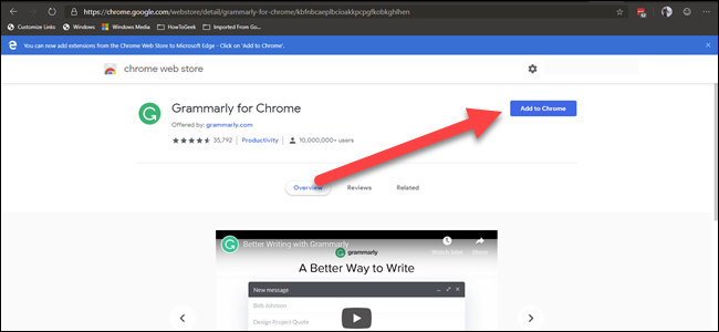 Extensión web de Chrome de Gramarly con una flecha que apunta al botón 