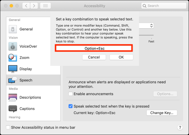 Haga clic en el cuadro y presione la nueva combinación de teclas para cambiar el método abreviado de teclado para Hablar selección