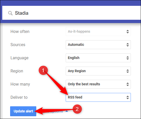 Cambie la lista desplegable a "Entregar a" Para "RSS Feed" y haga clic en "Alerta de actualización."