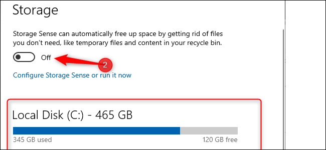Configuración de almacenamiento de Windows 10. Un gráfico de barras azul que muestra la cantidad de almacenamiento utilizado.
