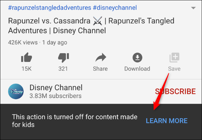 los "Esta acción está inhabilitada para contenido diseñado para niños." mensaje al intentar guardar un video en una lista de reproducción en la aplicación móvil de YouTube.